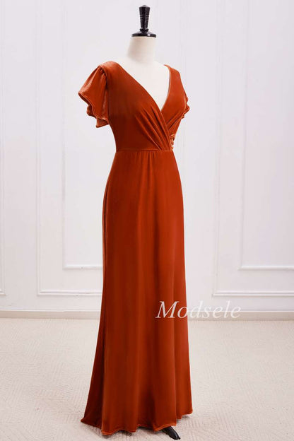 Rust Orange Velvet Surplice Backless Bridesmaid Dress