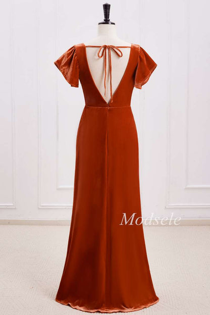 Rust Orange Velvet Surplice Backless Bridesmaid Dress
