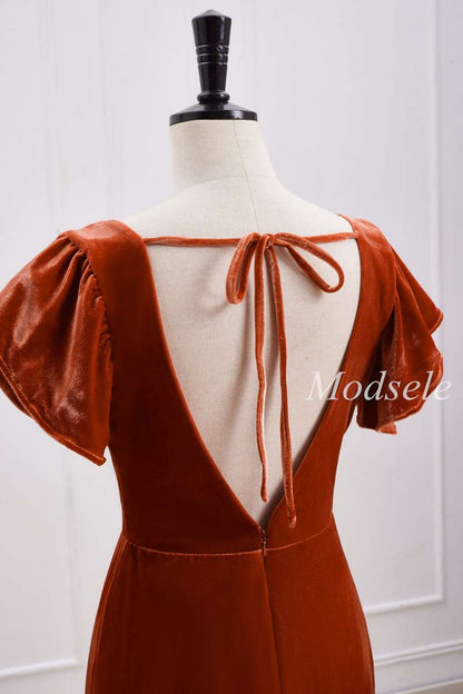 Rust Orange Velvet Surplice Backless Bridesmaid Dress