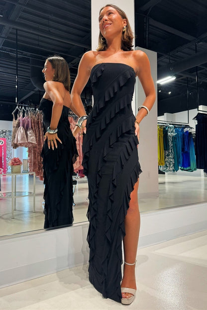 Strapless Ruffle Chiffon Maxi Dress with Slit in Pink
