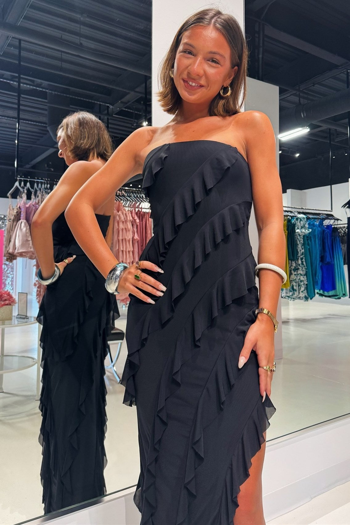 Strapless Ruffle Chiffon Maxi Dress with Slit in Pink