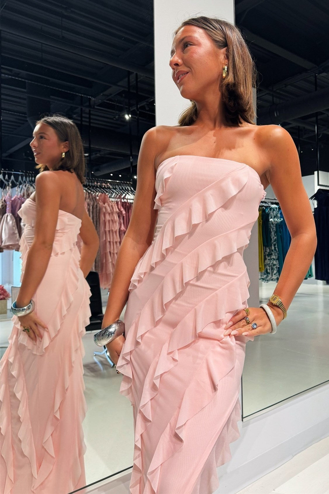 Strapless Ruffle Chiffon Maxi Dress with Slit in Pink