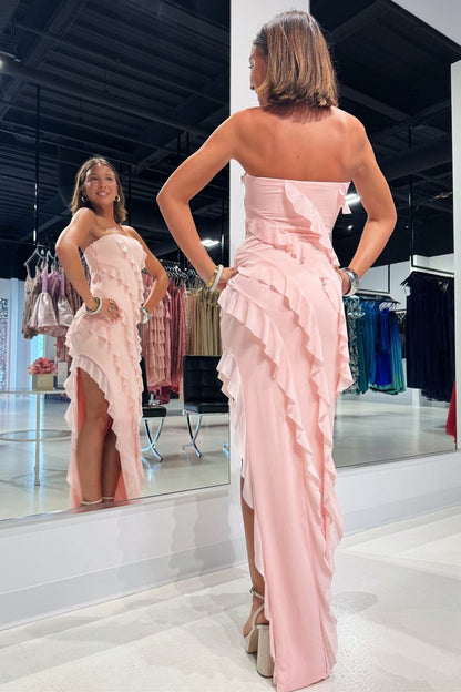 Strapless Ruffle Chiffon Maxi Dress with Slit in Pink