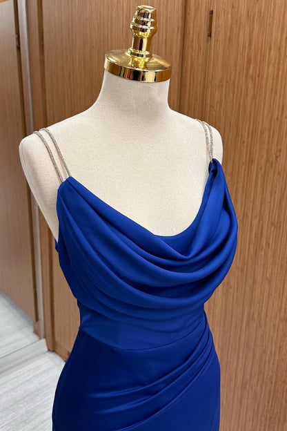 Royal Blue Cowl Neck Sheath Maxi Dress with Slit