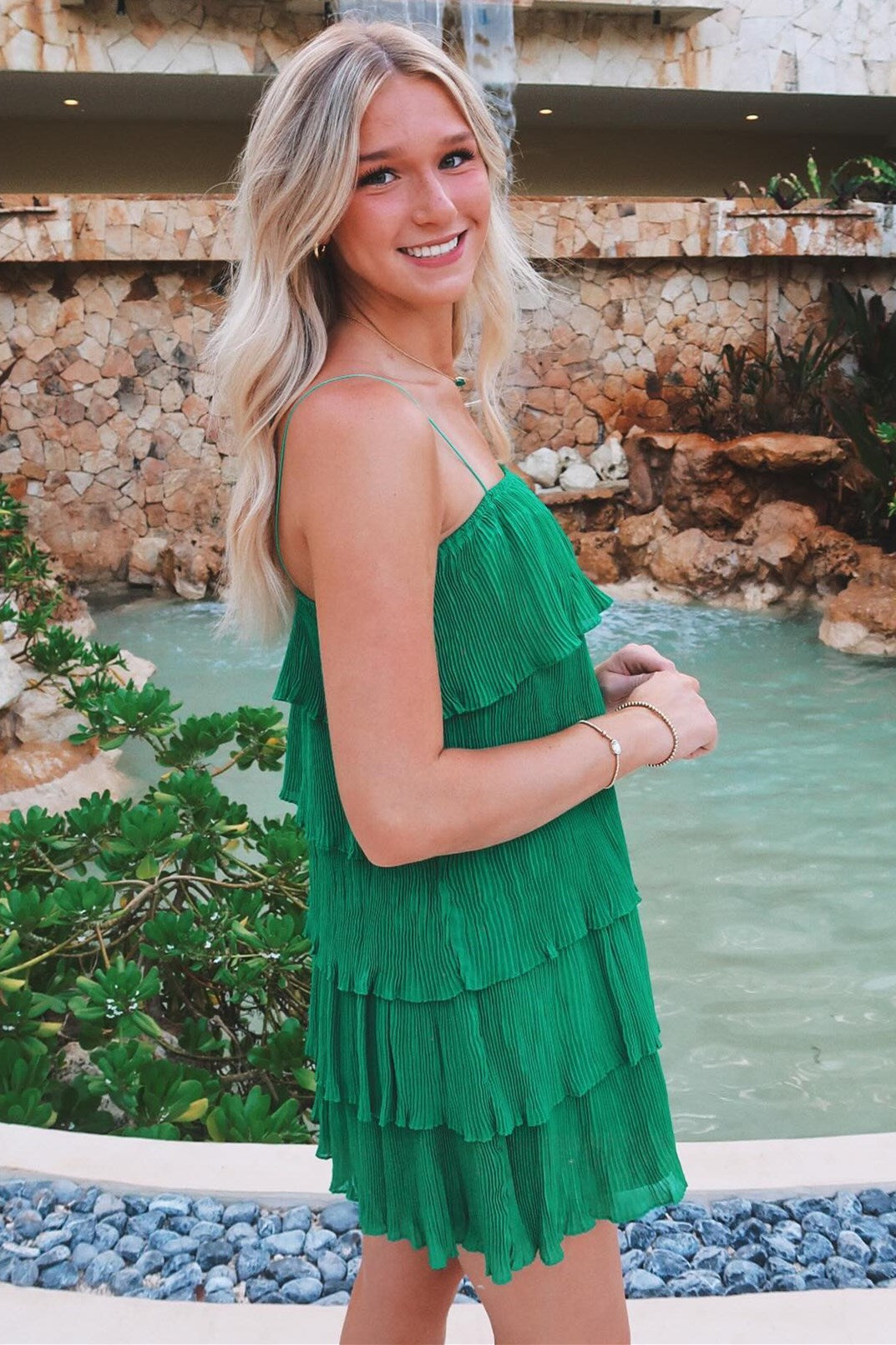 Green Spaghetti Strap Ruffle Tiered Pleated Party Dress