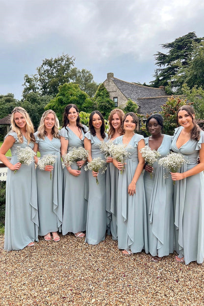 Dusty Blue Surplice Chiffon Bridesmaid Dress with Flared Sleeves