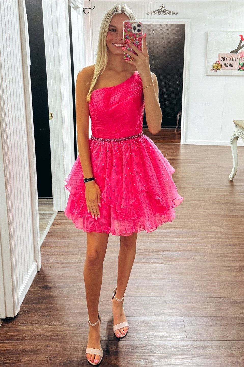 One-Shoulder Beaded Ruffle Homecoming Dress in Blue