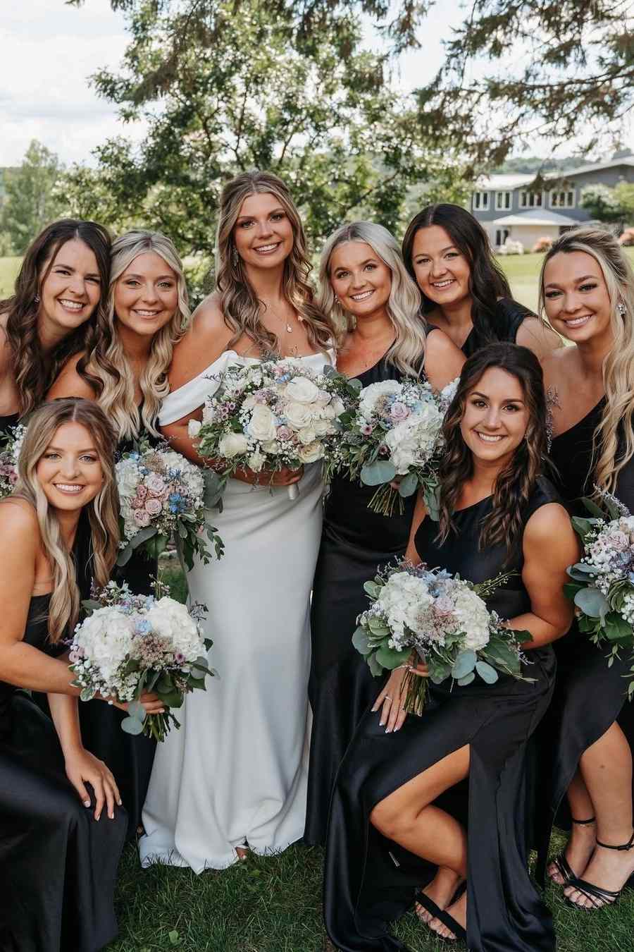 One Shoulder Black Satin Pleats Long Bridesmaid Dress with Slit