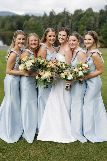 Elegant Straps Bows Pleats Satin Sleeveless Long Bridesmaid Dress with Slit