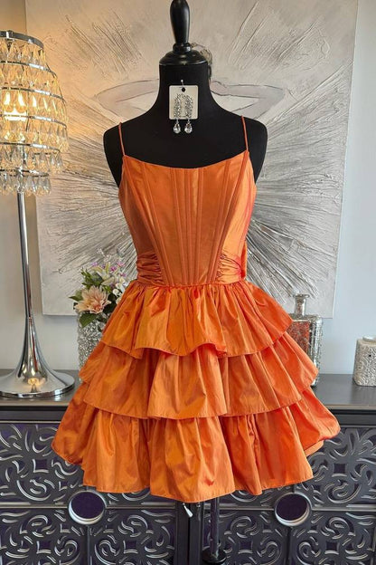Chic Spaghetti Straps Sleeveless A-Line Ruffle Satin Homecoming Dress