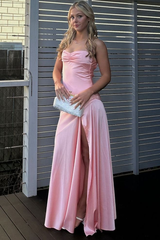 Simple Yellow Spaghetti Straps Satin Long Prom Formal Dress with Slit
