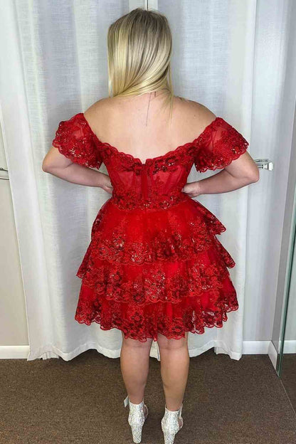 Off-Shoulder A-Line Sequins Appliques Tiered Short Homecoming Dress