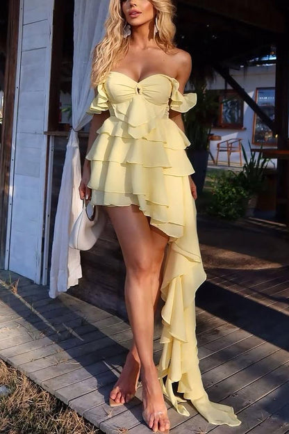 Yellow Off-Shoulder Ruffles Sweetheart Short Cocktail Homecoming Dress