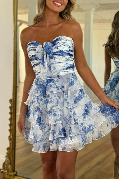 Pink A-Line Strapless Print Floral Layered Short Homecoming Dress