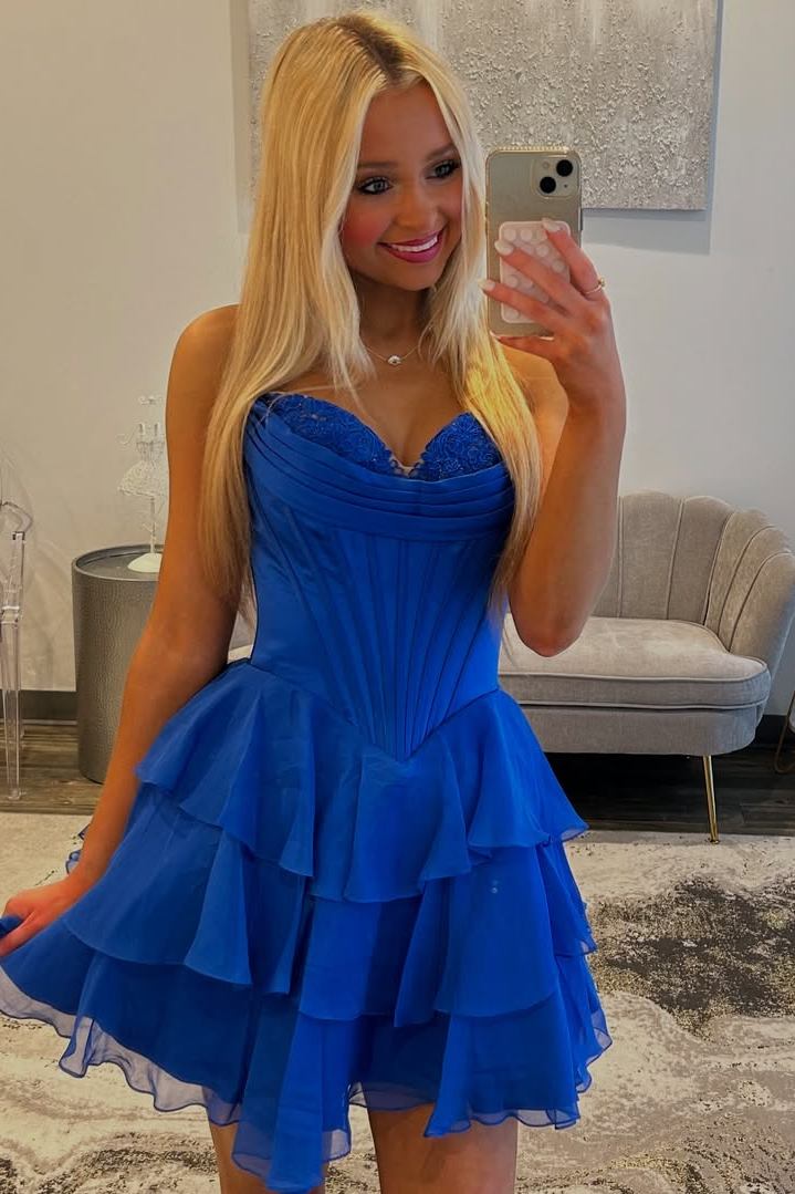 A-Line Strapless Empire-Waist V-Neck Ruffles Short Cocktail Homecoming Dress
