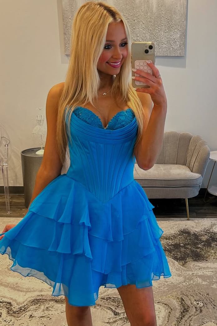 A-Line Strapless Empire-Waist V-Neck Ruffles Short Cocktail Homecoming Dress