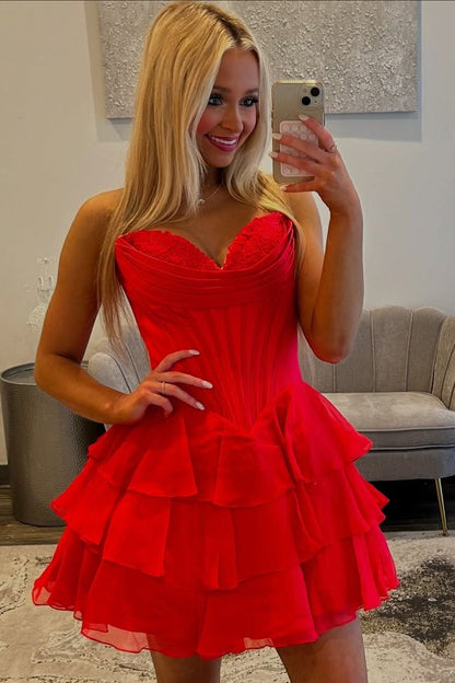 A-Line Strapless Empire-Waist V-Neck Ruffles Short Cocktail Homecoming Dress