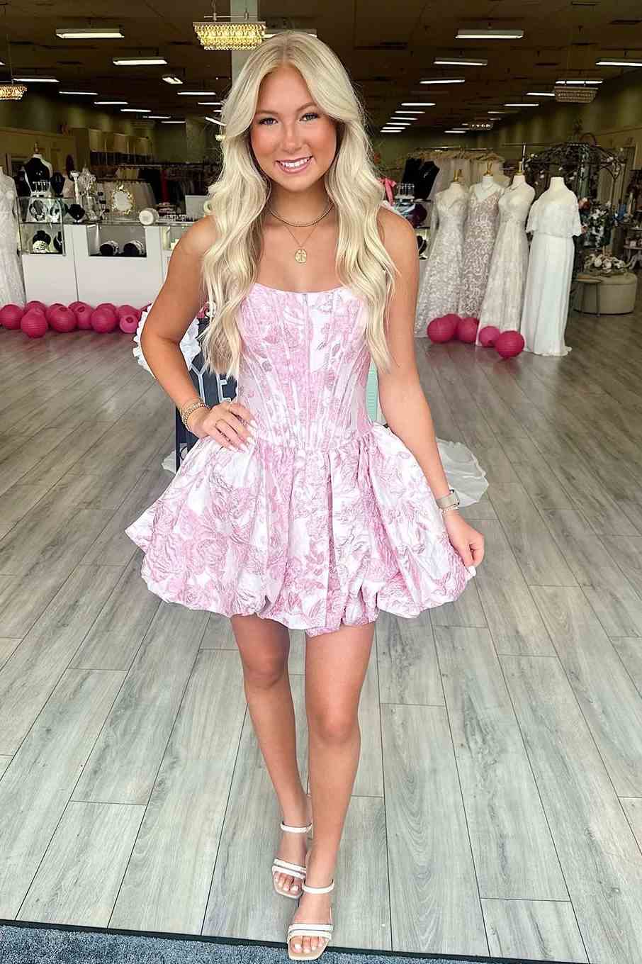Pink A-Line Jacquard Strapless Empire-Waist Sleeveless Homecoming Dress