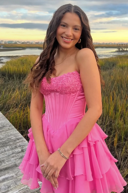 A-Line Strapless Empire-Waist Ruffles Chiffon Short Homecoming Dress with Appliques