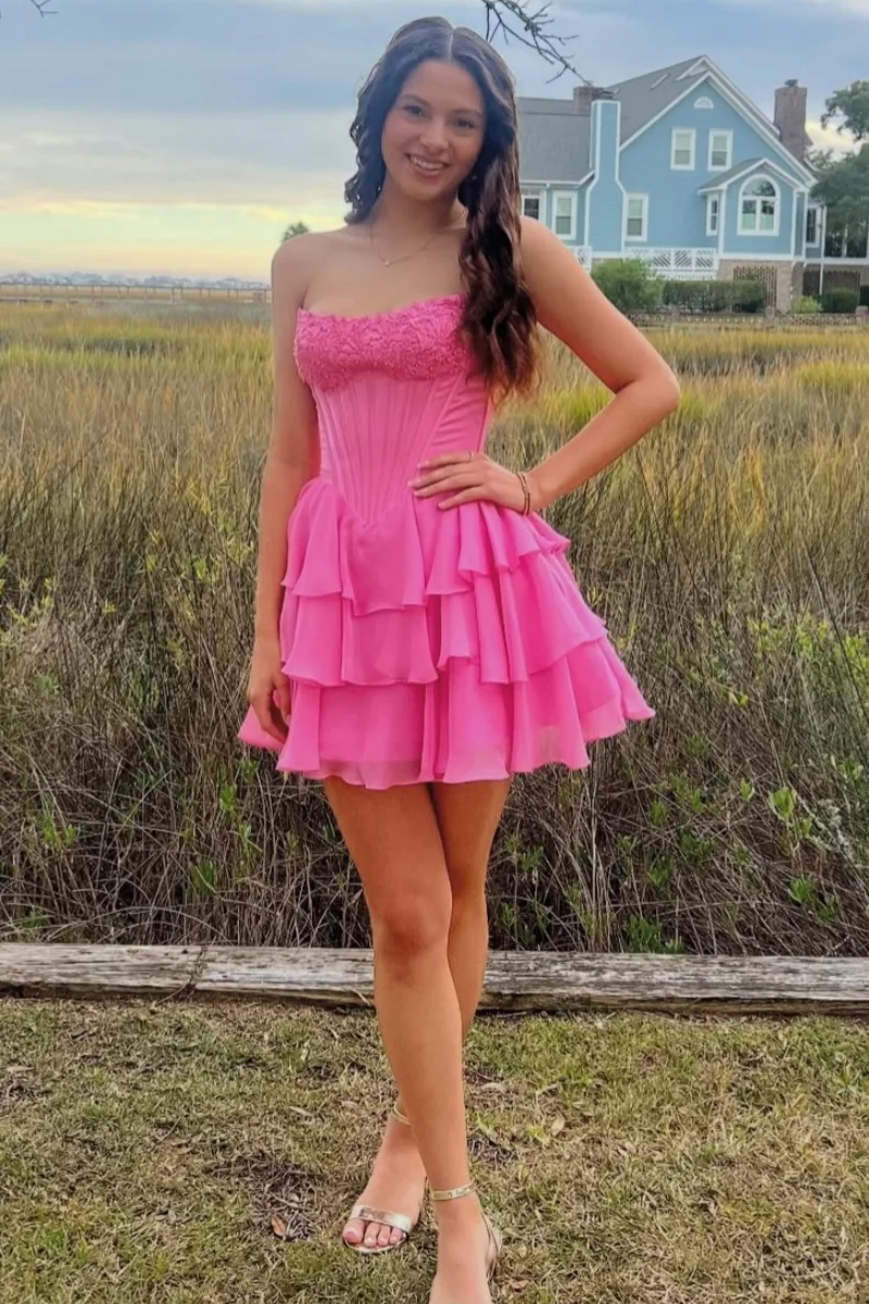 A-Line Strapless Empire-Waist Ruffles Chiffon Short Homecoming Dress with Appliques