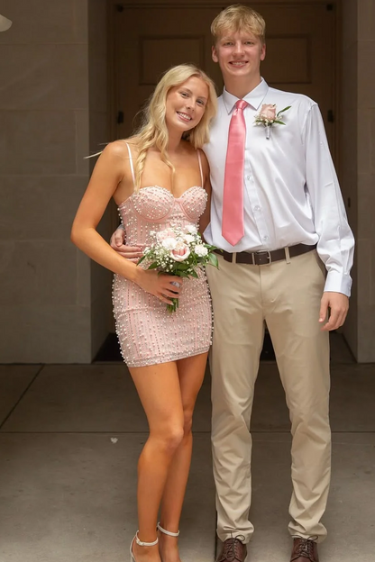 Charming Spaghetti Straps Pink Beaded Sweetheart Tight Homecoming Dress