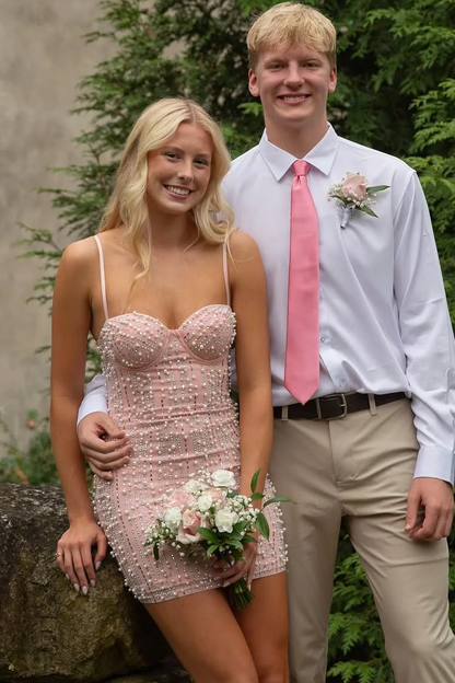 Charming Spaghetti Straps Pink Beaded Sweetheart Tight Homecoming Dress