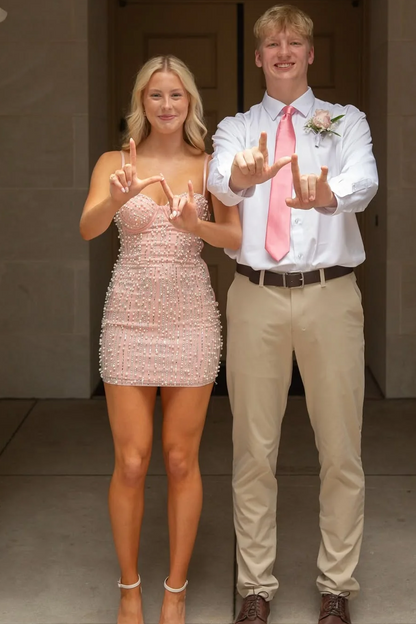 Charming Spaghetti Straps Pink Beaded Sweetheart Tight Homecoming Dress