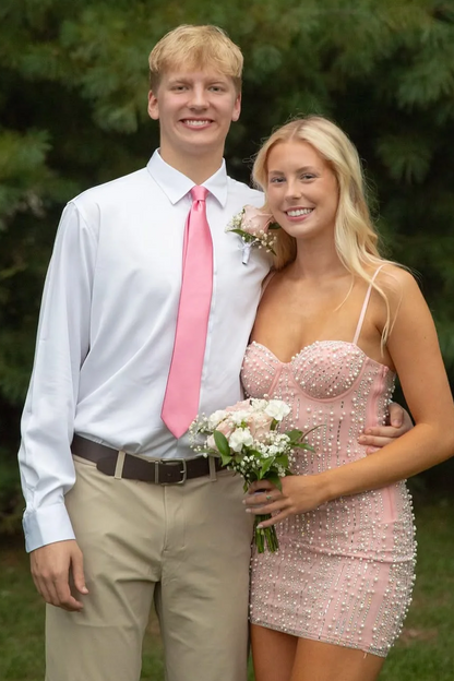 Charming Spaghetti Straps Pink Beaded Sweetheart Tight Homecoming Dress
