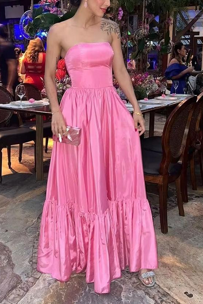 Pink Strapless Scoop A-Line Satin Pleated Sleeveless Long Formal Prom Dress