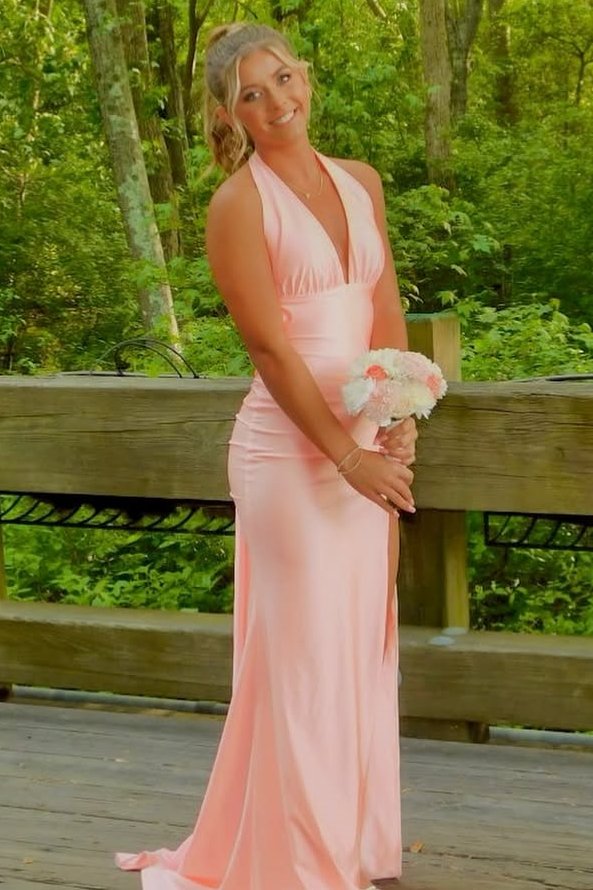 Yellow Halter V-Neck Pleated Satin Mermaid Long Prom Formal Dress