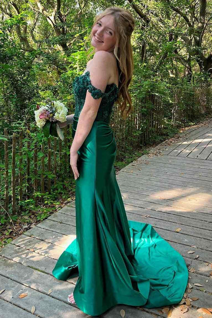 Off-Shoulder 3D Floral Mermaid Pleated Green Formal Prom Dress with Train