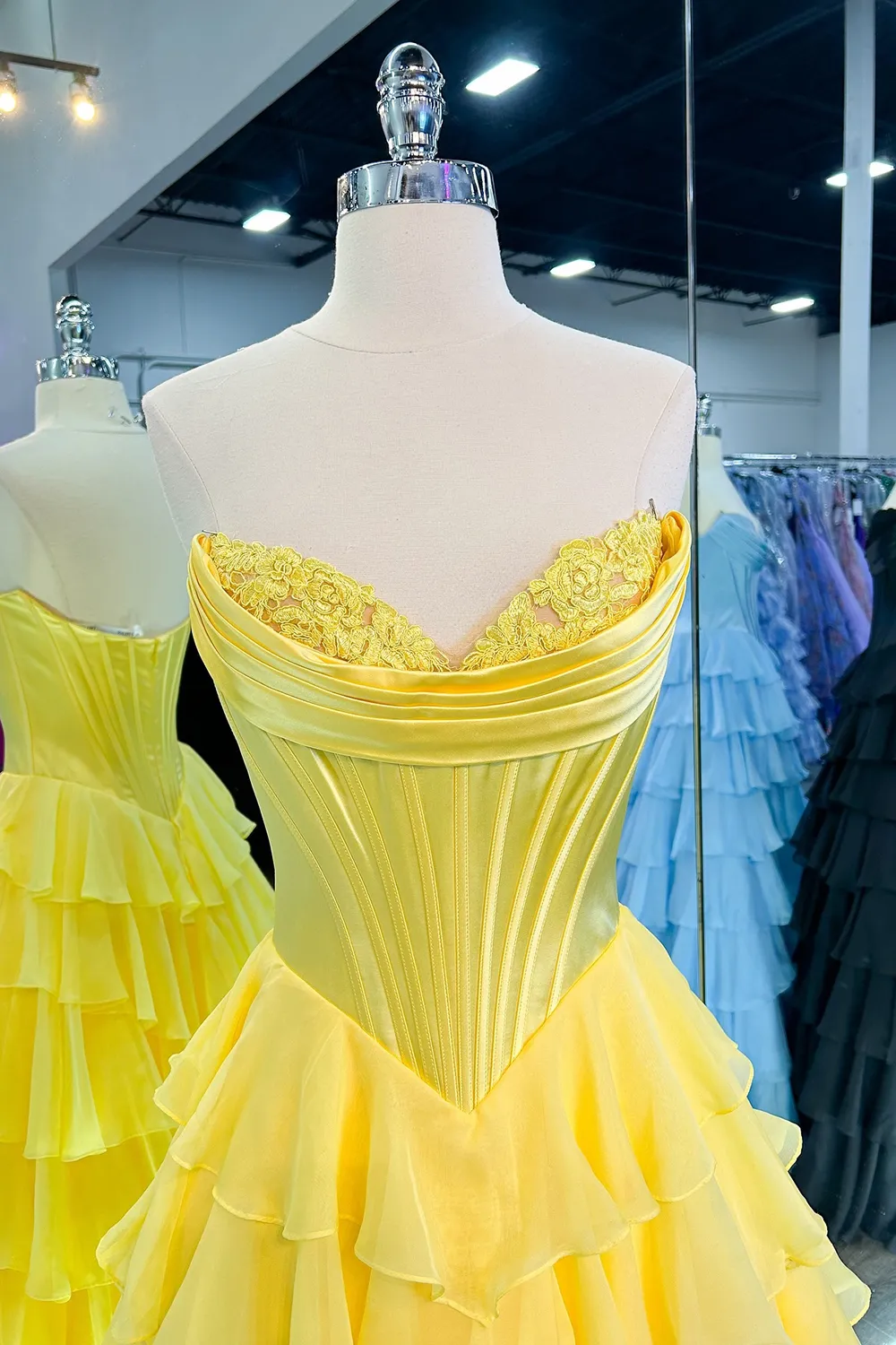 A-Line Strapless V-Neck Tiered Empire-Waist Long Prom Dress