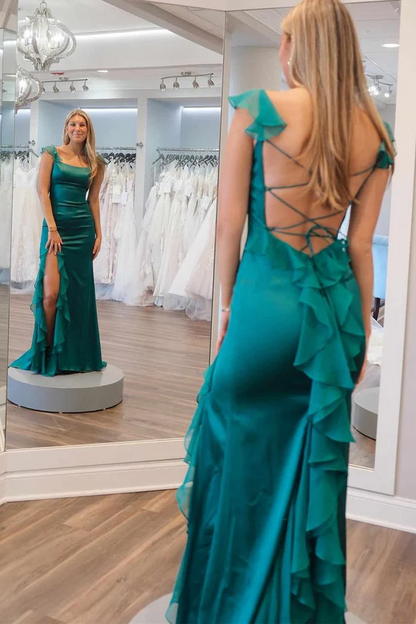 Green Mermaid Straps Scoop Pleated High Slit Long Prom Formal Dress
