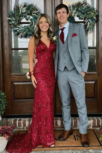 Burgundy Spaghetti Straps V-Neck Sequins Appliques Mermaid Prom Dress