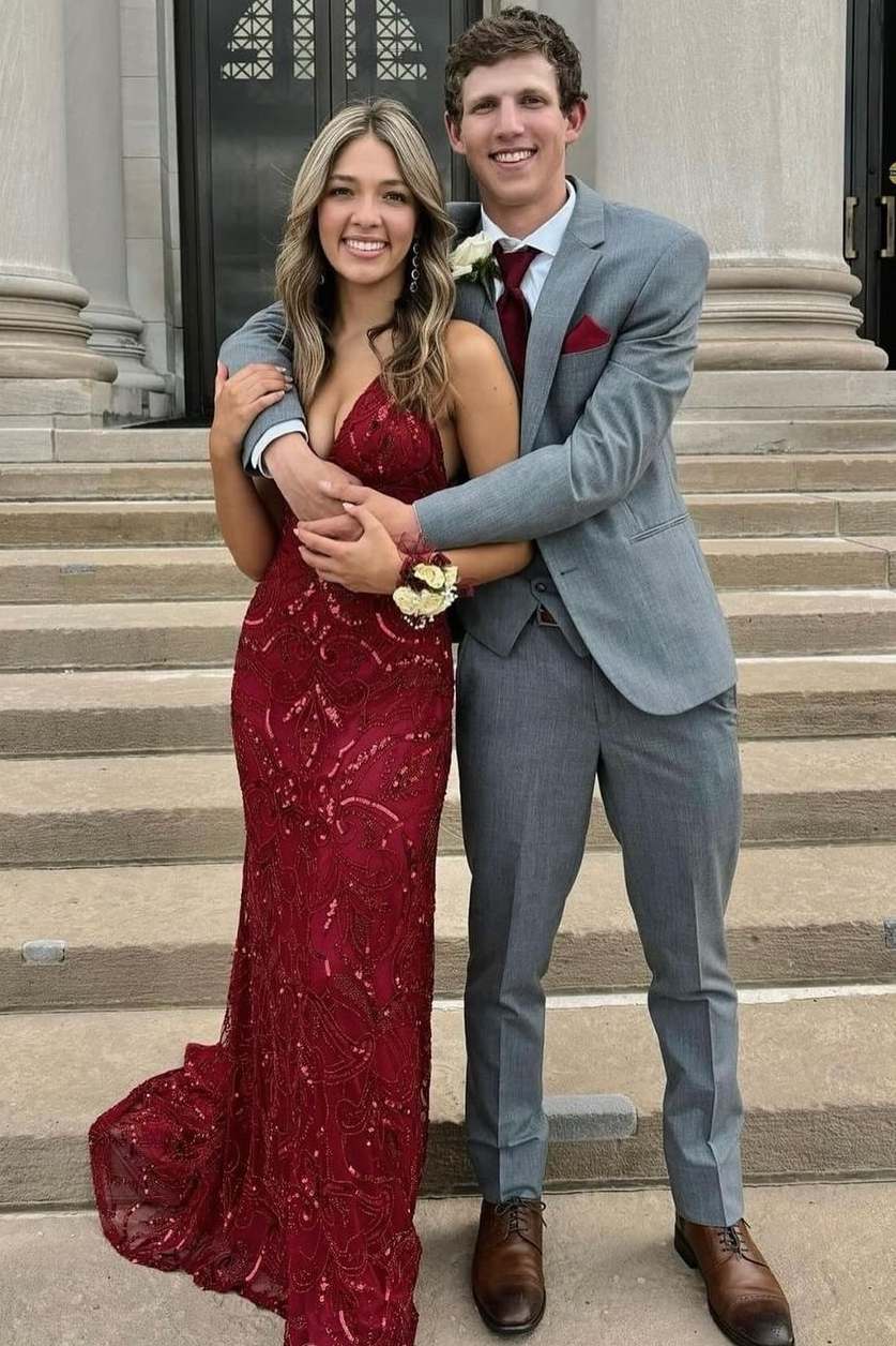 Burgundy Spaghetti Straps V-Neck Sequins Appliques Mermaid Prom Dress