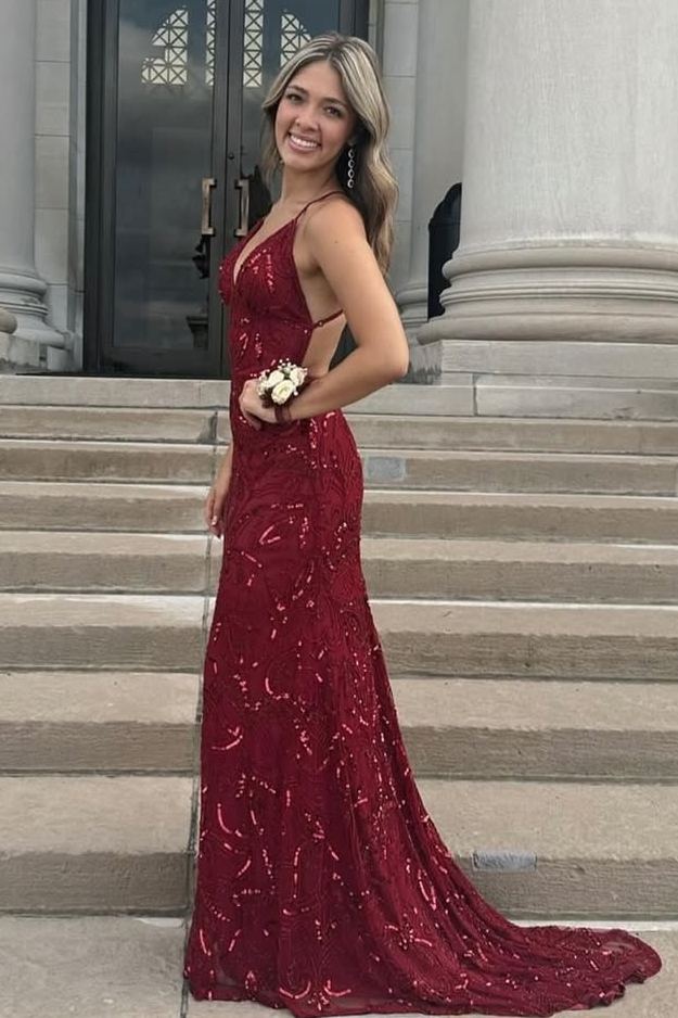 Burgundy Spaghetti Straps V-Neck Sequins Appliques Mermaid Prom Dress