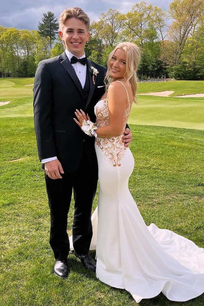 White Spaghetti Straps V-Neck Appliques Mermaid Formal Prom Dress