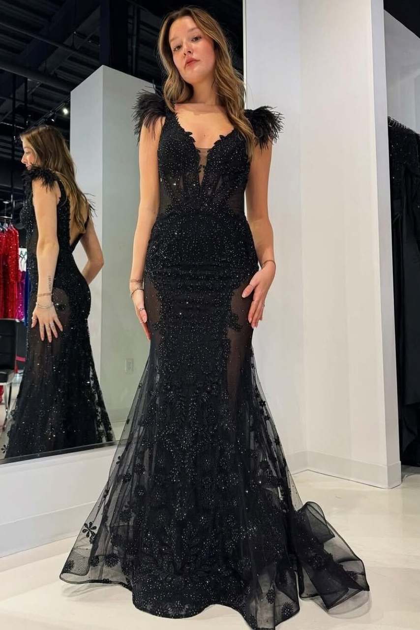 Black Mermaid V-Neck Beads Sleeveless Long Prom Dress with Feathers