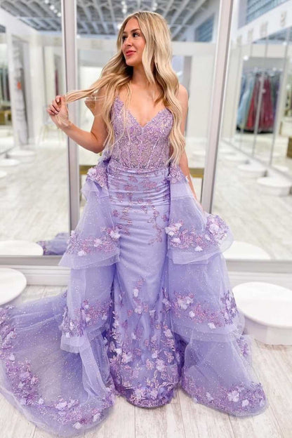 Stunning V-Neck Lace Appliques Detachable Train Formal Prom Dress