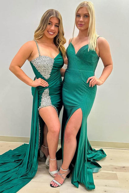 Green Mermaid High Slit Beads Pleated Long Formal Prom Dress