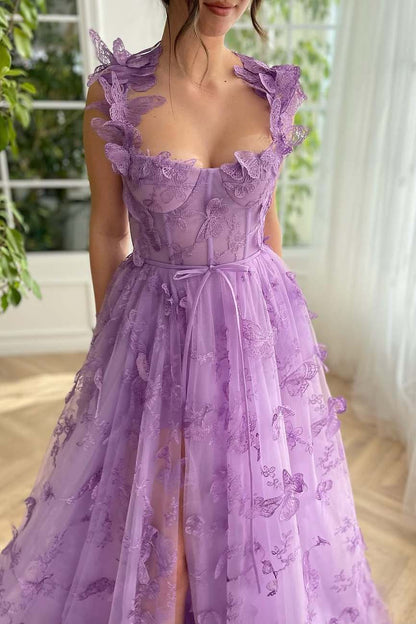 Stunning A-Line Straps 3D Appliques Pleated Formal Prom Dress with Slit