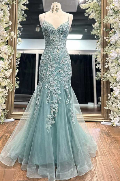 Stunning Spaghetti Straps Lace Appliques Mermaid V-Neck Long Prom Dress