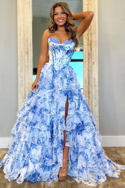 Cute A-Line Strapless Floral Print Tiered Chiffon Prom Dress with Slit