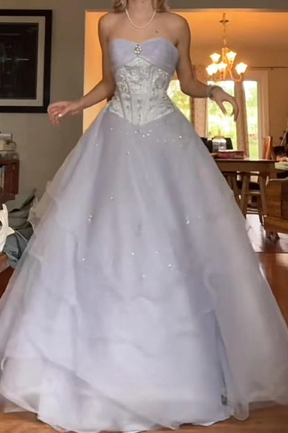 Vintage A-Line Strapless Empire-Waist Beads Princess Long Prom Dress