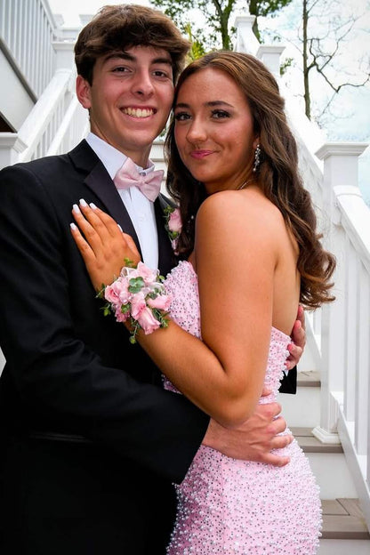 Pink Strapless Beaded Scoop Side Slit Mermaid Long Prom Dress