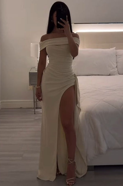 Pink Off-Shoulder Satin Pleats High Slit Long Party Prom Dress