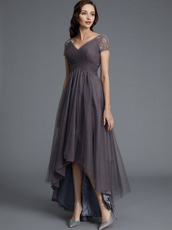 A-Line/Princess V-neck Short Sleeves Asymmetrical Tulle Mother of the Bride Dresses - RongMoon