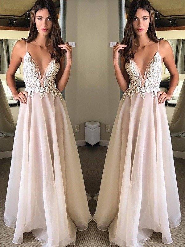 A-Line/Princess Spaghetti Straps Sleeveless Sweep/Brush Train Applique Chiffon Dresses - RongMoon
