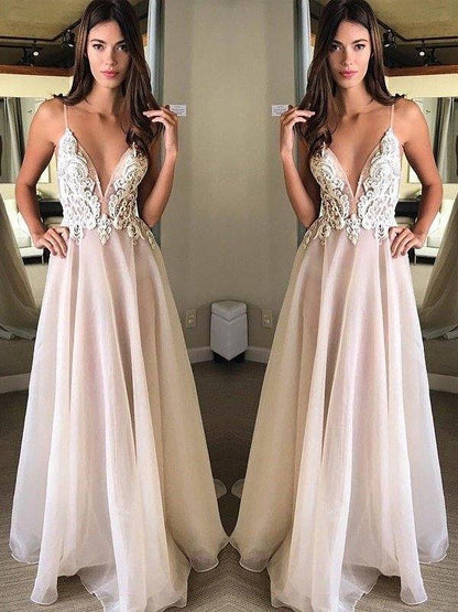 A-Line/Princess Spaghetti Straps Sleeveless Sweep/Brush Train Applique Chiffon Dresses - RongMoon