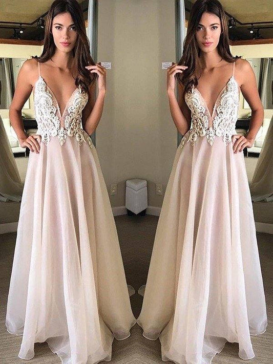 A-Line/Princess Spaghetti Straps Sleeveless Sweep/Brush Train Applique Chiffon Dresses - RongMoon